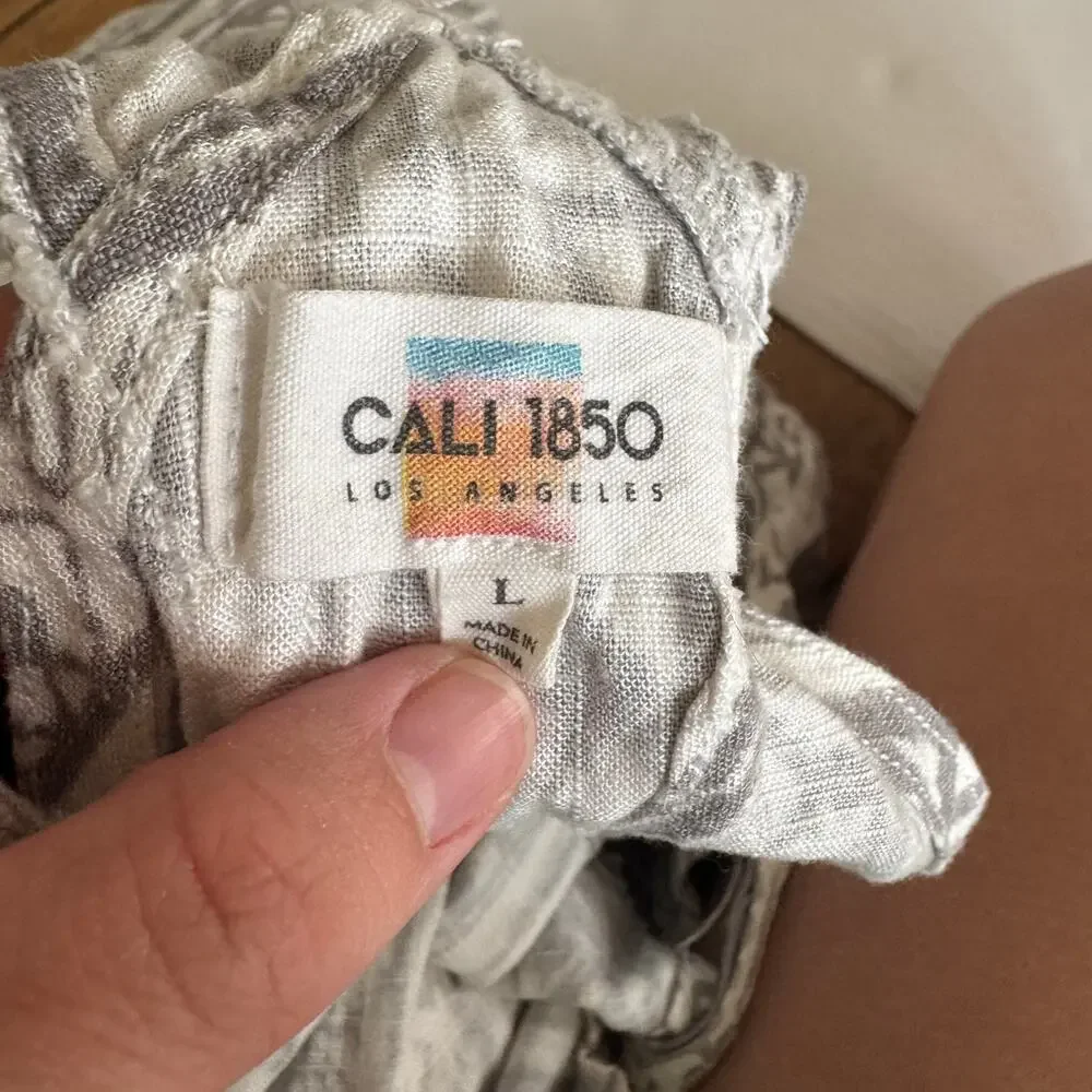 Linen Large Gray White Boho tribal overall jumper romper shorts playsuit Cali - Picture 12 of 12